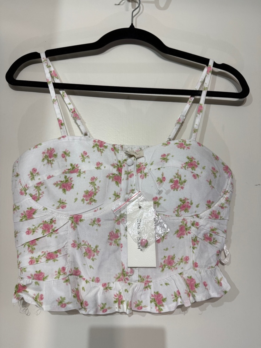 SAM. White Floral Bustier Crop Top with Pink Roses